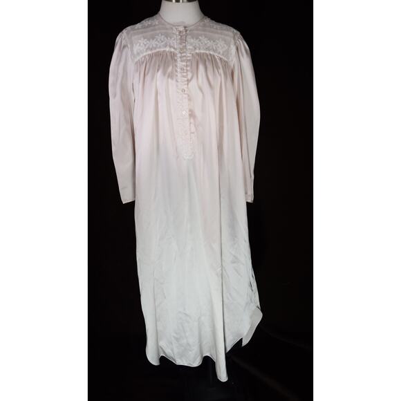 Flannel Backed Satin Night Gown Midi Lace Embroidery Grannycore Tiny Flaw - Picture 1 of 15